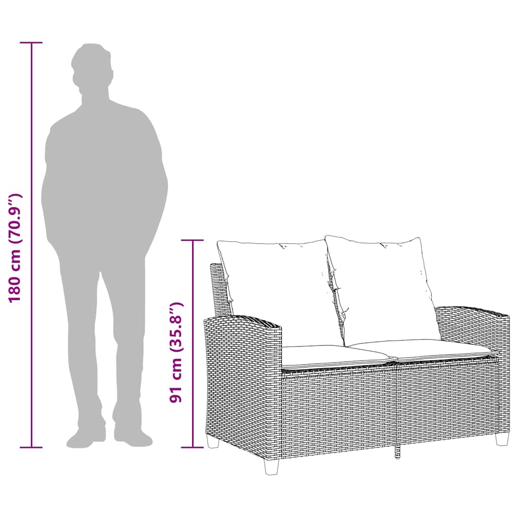 vidaXL Gartensofa 2-Sitzer mit Kissen & Tisch Schwarz Poly Rattan