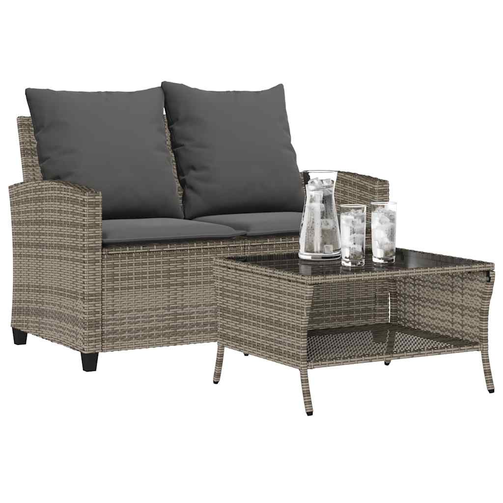 vidaXL Gartensofa 2-Sitzer mit Kissen & Tisch Schwarz Poly Rattan
