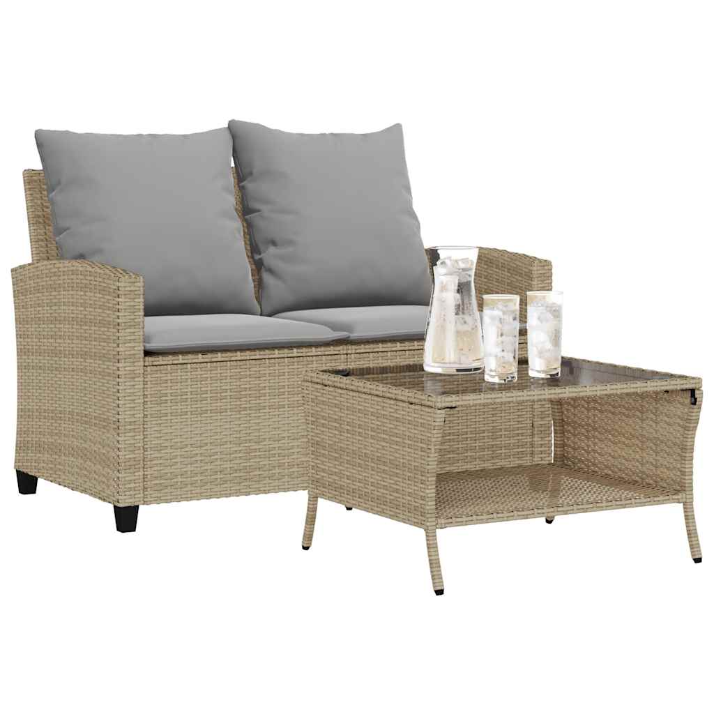 vidaXL Gartensofa 2-Sitzer mit Kissen & Tisch Schwarz Poly Rattan