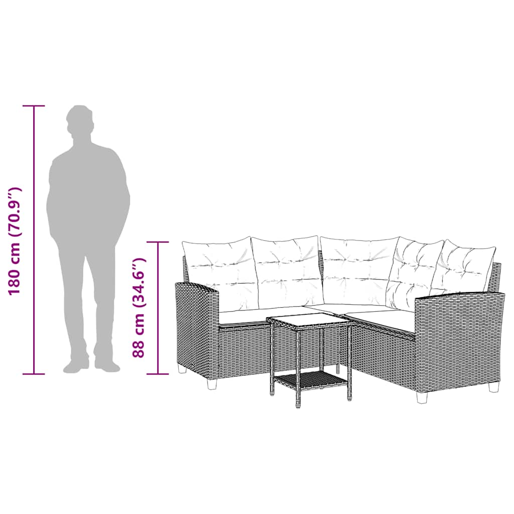 vidaXL Gartensofa in L-Form mit Tisch und Kissen Schwarz Poly Rattan