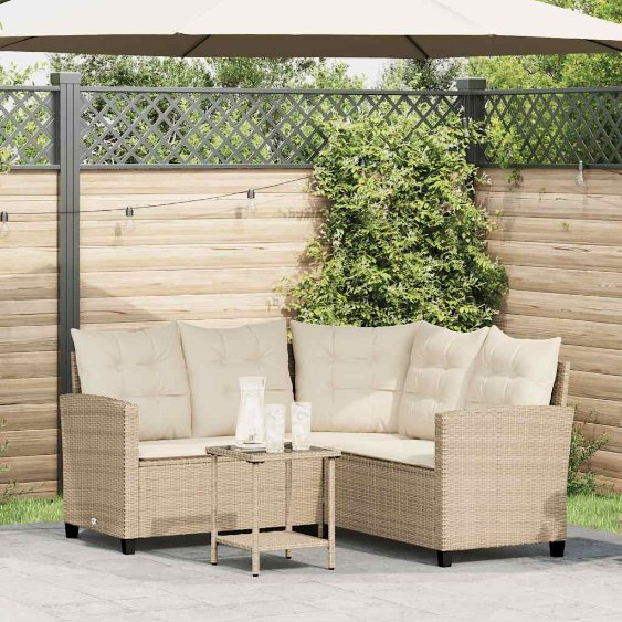 vidaXL Gartensofa in L-Form mit Tisch und Kissen Schwarz Poly Rattan