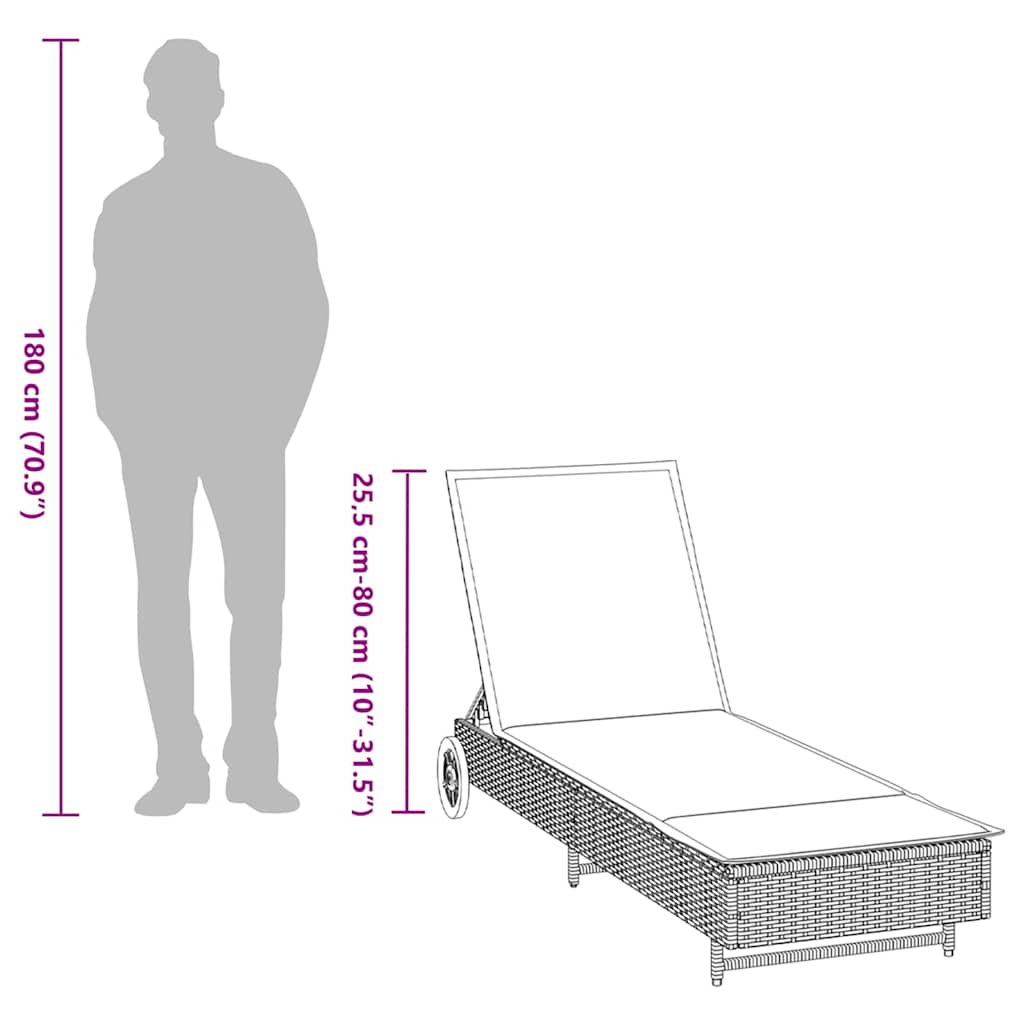 vidaXL Sonnenliege mit Rollen und Auflage Schwarz Poly Rattan