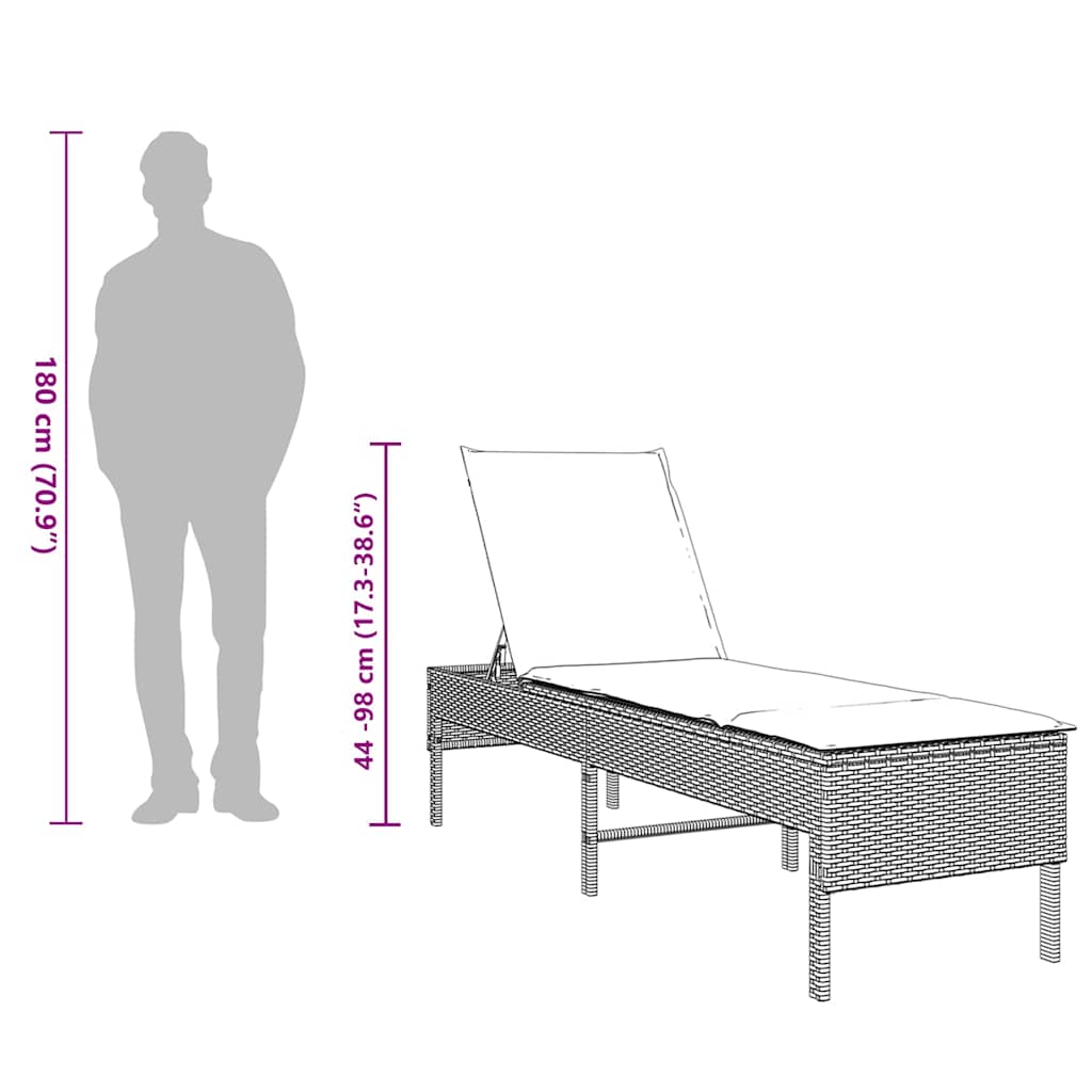 vidaXL Sonnenliege mit Auflage Schwarz 55x200x44 cm Poly Rattan