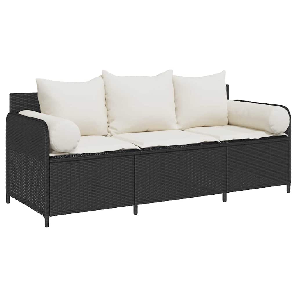vidaXL Gartensofa mit Kissen 3-Sitzer Schwarz Poly Rattan