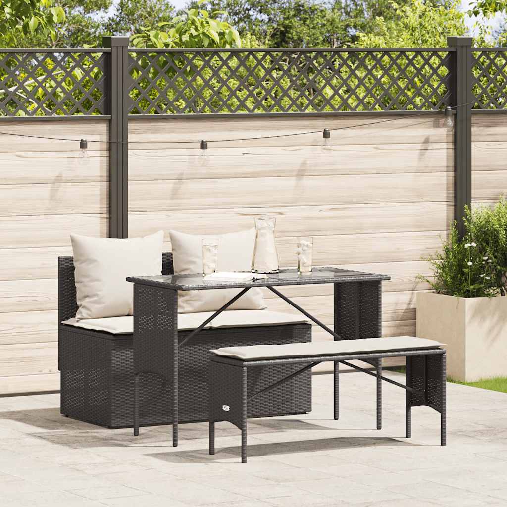vidaXL 3-tlg. Garten-Essgruppe mit Kissen Schwarz Poly Rattan
