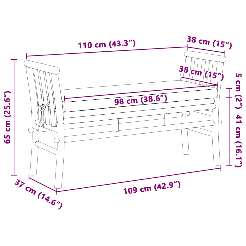 vidaXL Gartenbank mit Kissen Braun 110 x 38 x 65cm Bambus