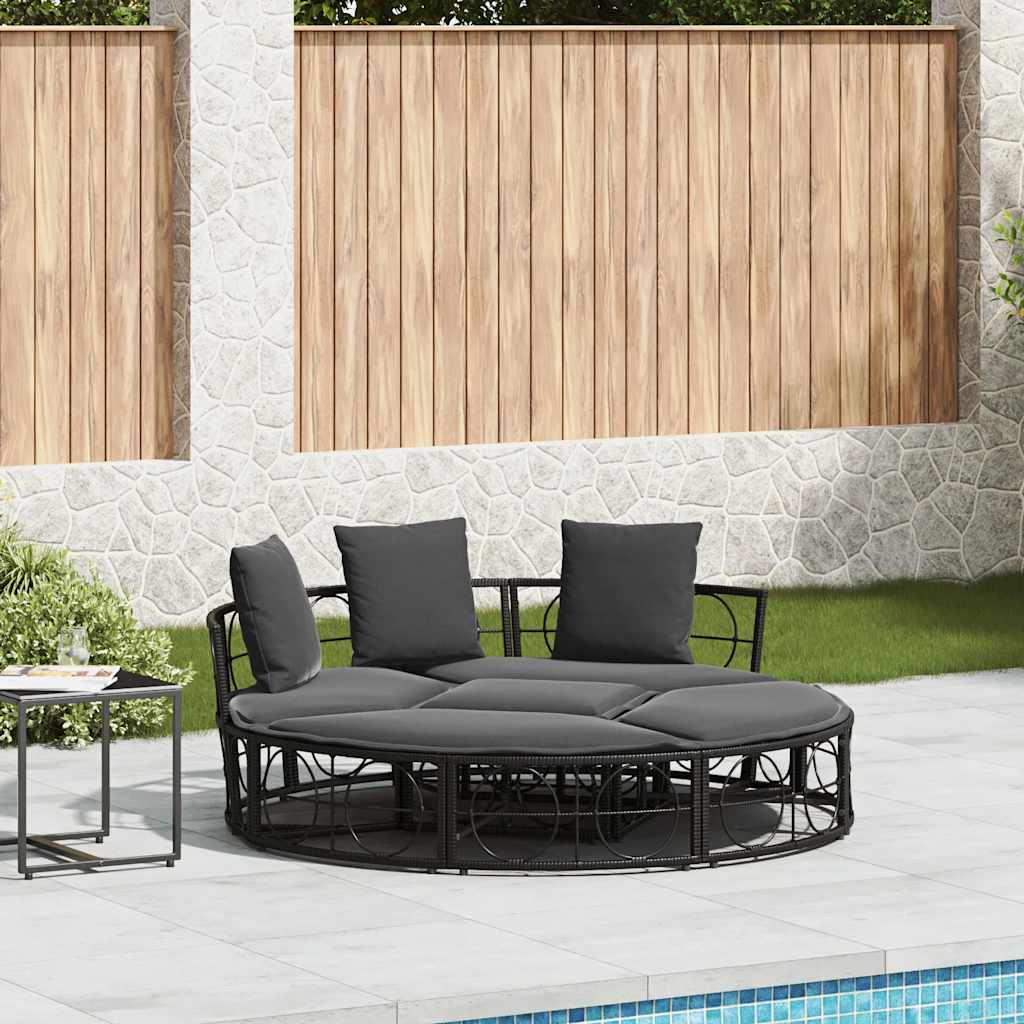 vidaXL Outdoor-Loungebett mit Dach und Kissen Schwarz Poly Rattan