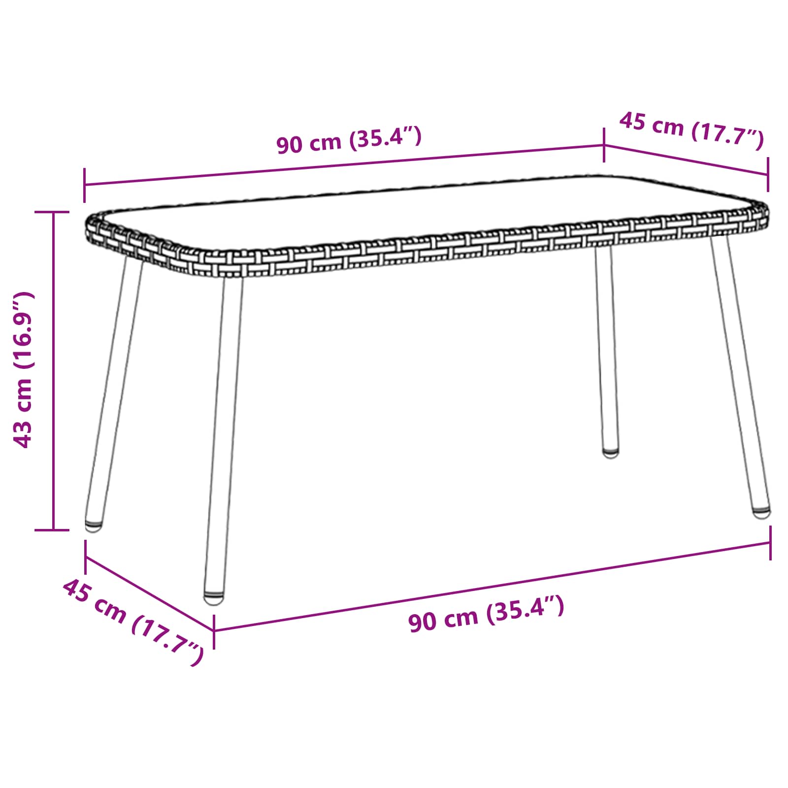 vidaXL Couchtisch Schwarz 90 x 45 x 43 cm Poly-Rattan und Glas