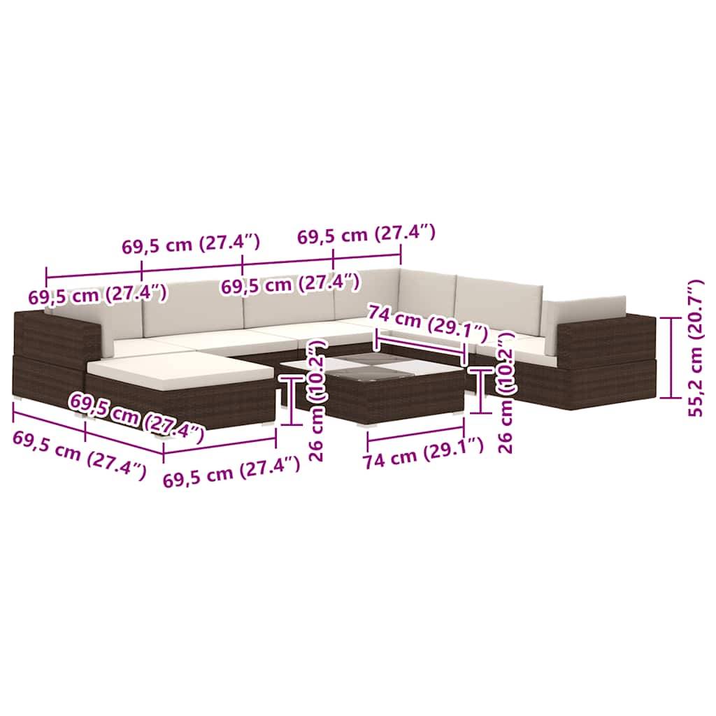 vidaXL 8-tlg. Garten-Lounge-Set mit Auflagen Poly Rattan Braun