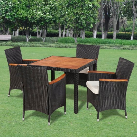 3-tlg. Garten-Essgruppe mit Auflagen Poly Rattan Schwarz