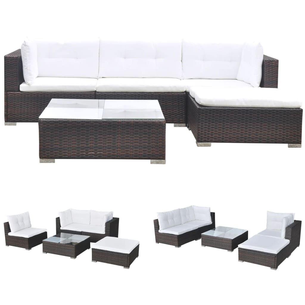 vidaXL 5-tlg. Garten-Lounge-Set mit Auflagen Poly Rattan Braun