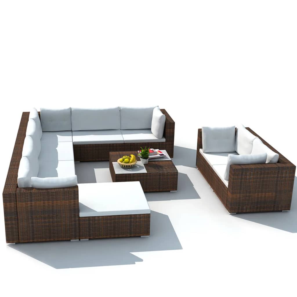vidaXL 10-tlg. Garten-Lounge-Set mit Auflagen Poly Rattan Braun