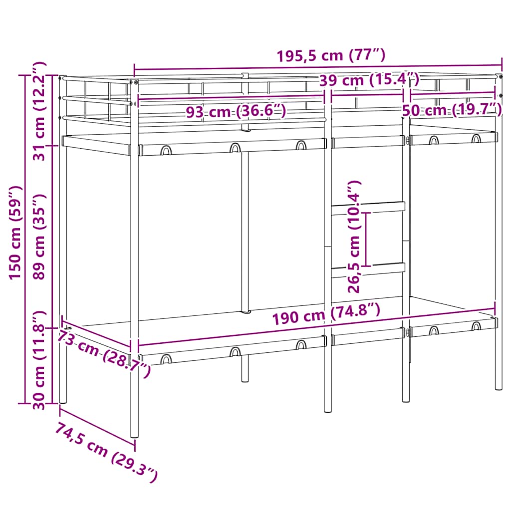 vidaXL Etagenbett ohne Matratze Schwarz 75x190 cm Stahl