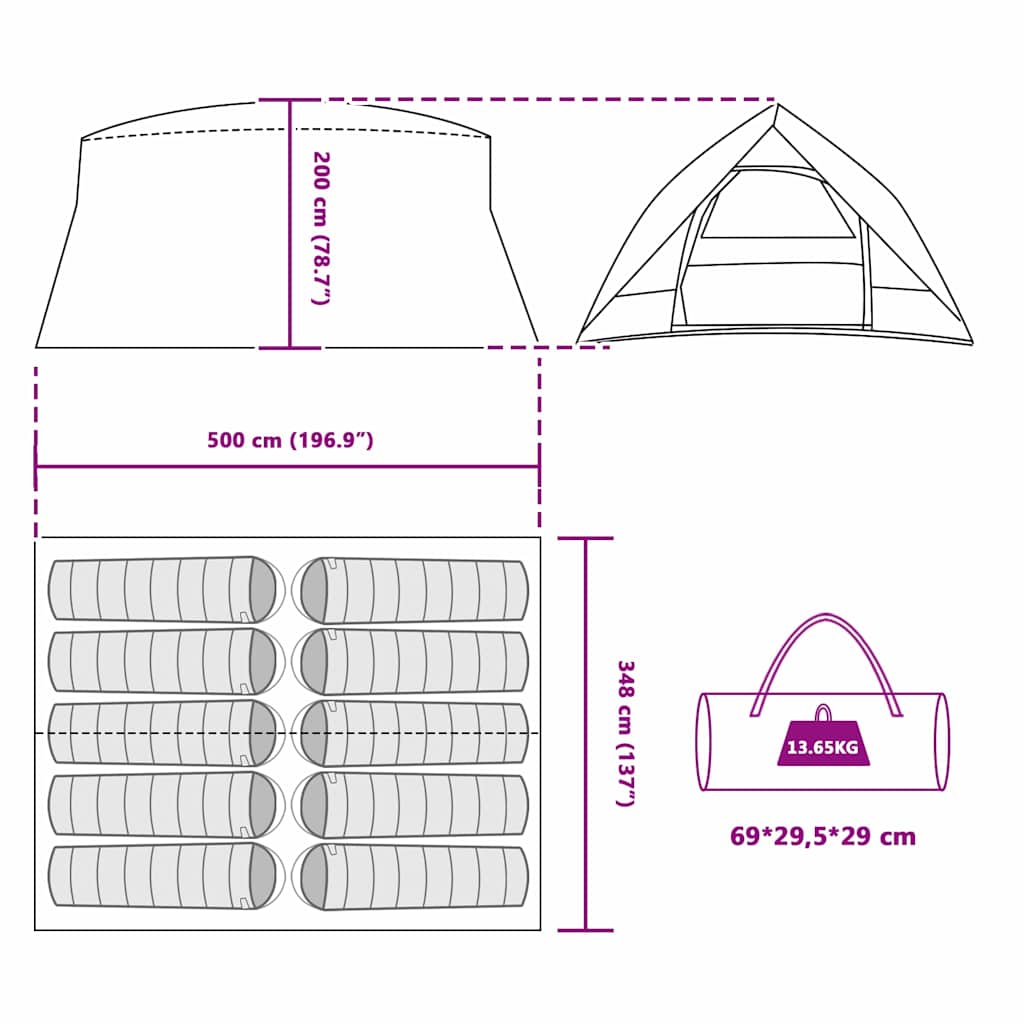vidaXL Tunnelzelt mit Dach mit Speicher Grün 500 x 348 x 200 cm Taft