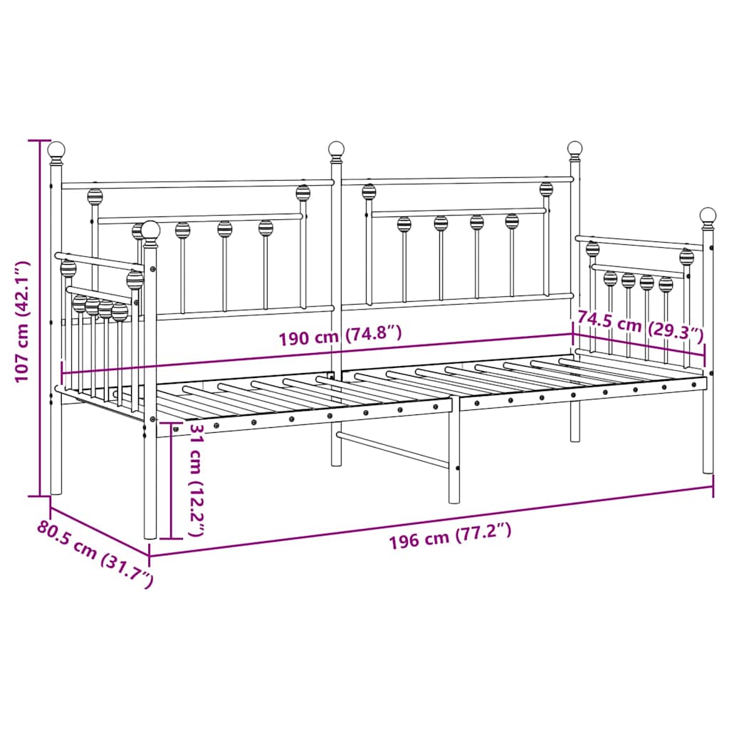 vidaXL Tagesbettrahmen mit Kopfteil Schwarz 75 x 190 cm Stahl