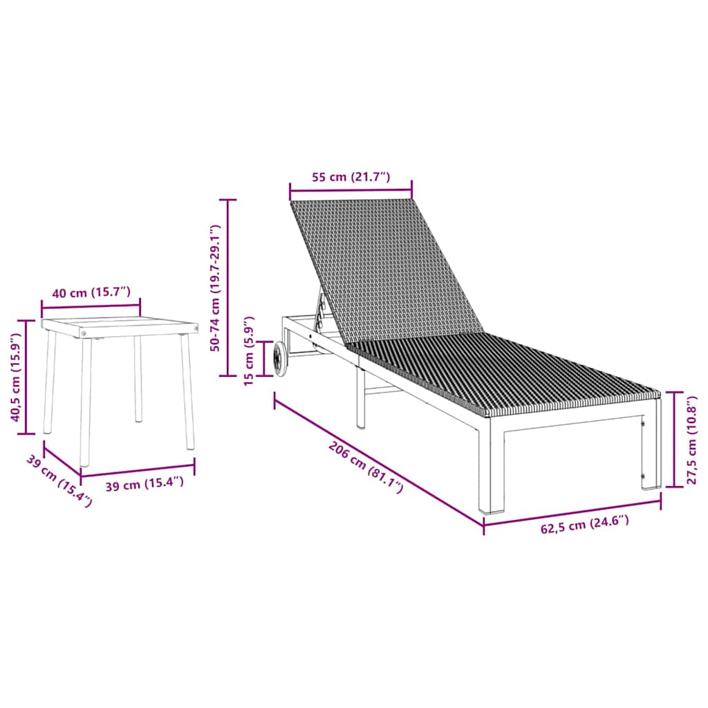 vidaXL Sonnenliege 2-Person 3 pcs Braun Poly-Rattan