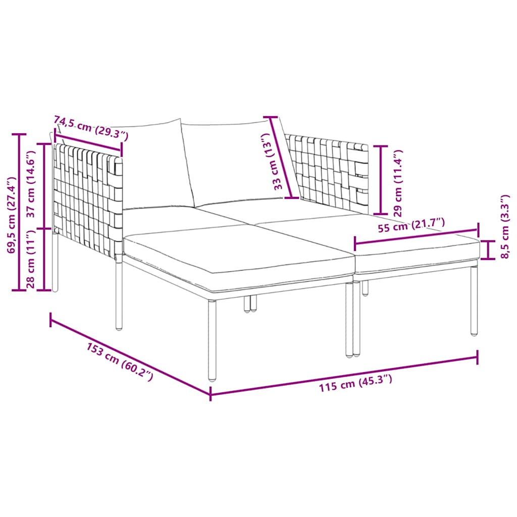 vidaXL Sonnenliege mit Kissen 2-Person Anthrazit 153 x 115 x 69,5 cm