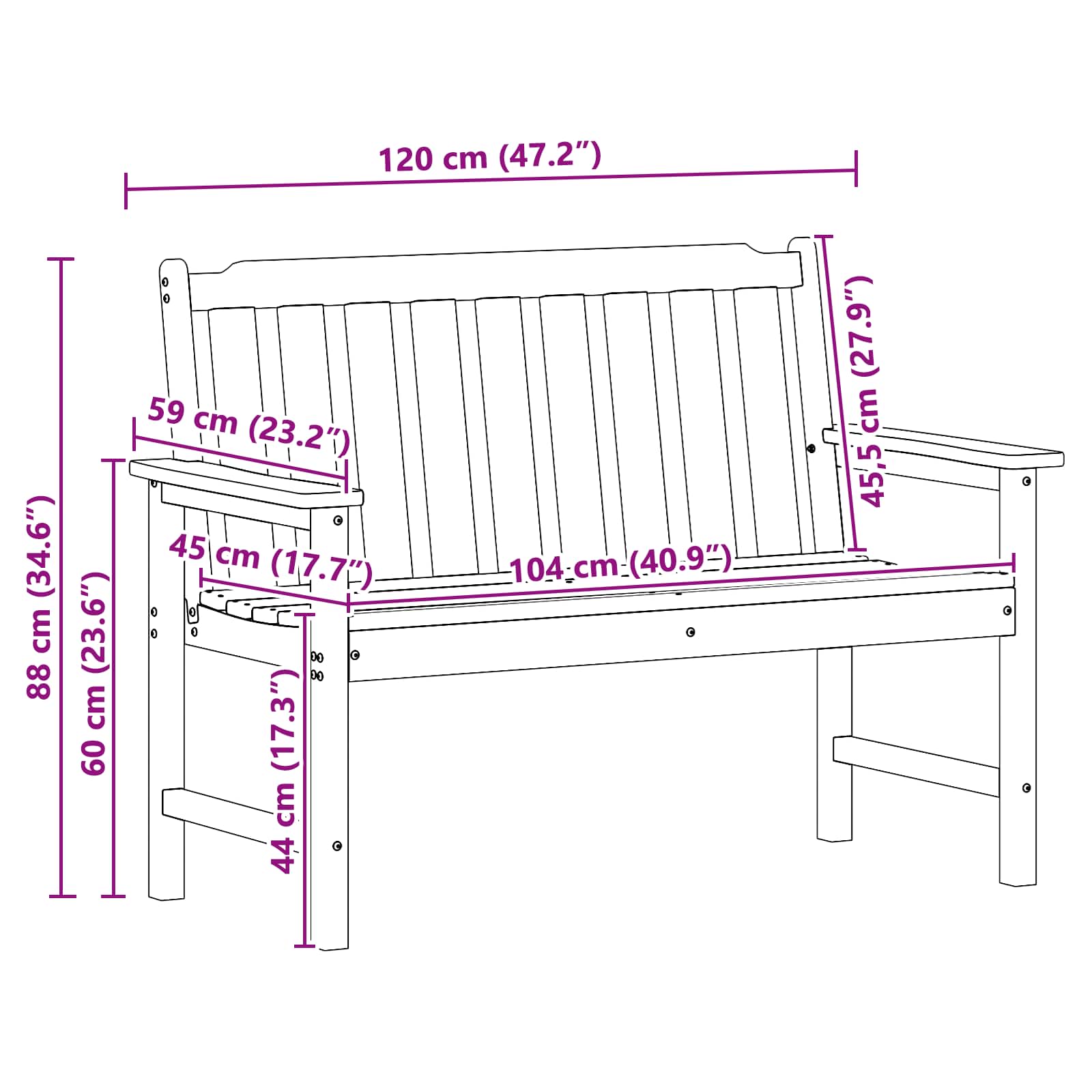 vidaXL Gartenbank Weiß 120 x 59 x 88 cm HDPE