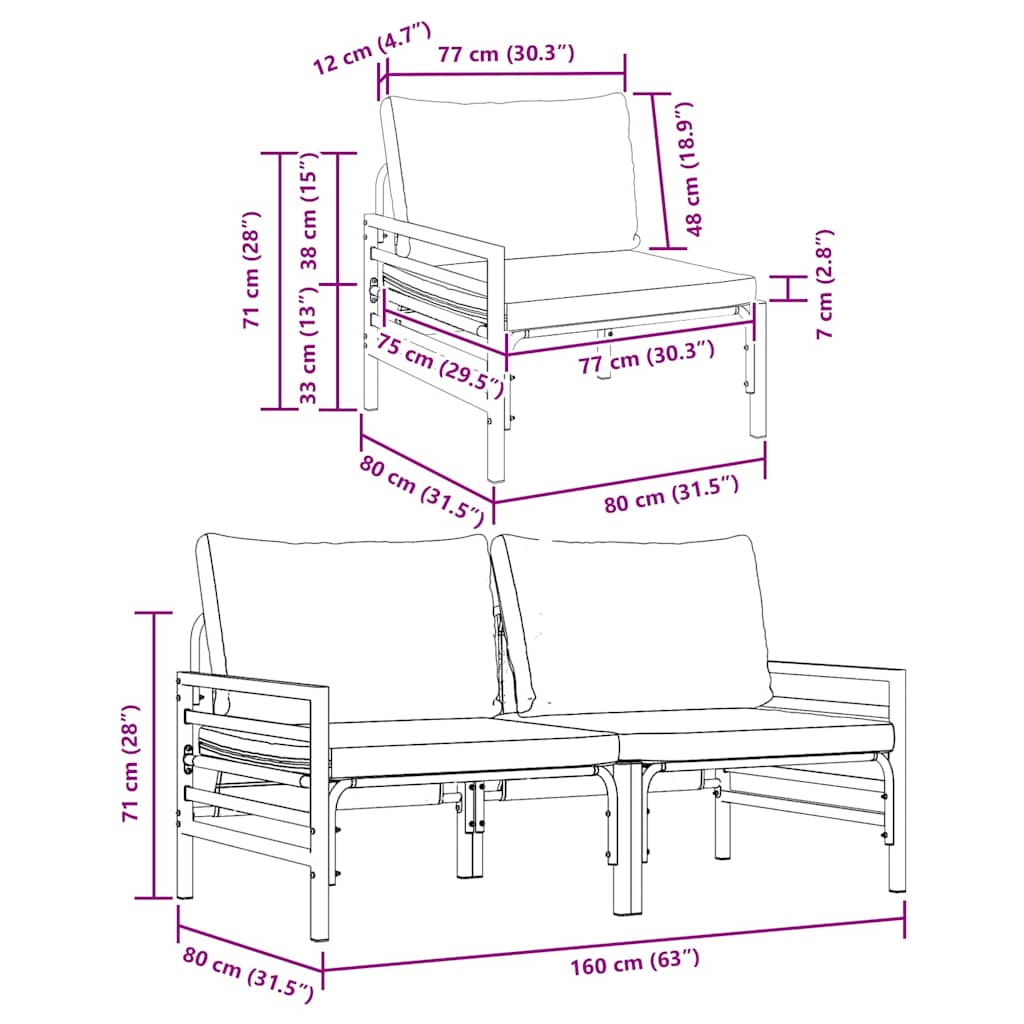 vidaXL Gartenmöbel mit Kissen 2 pcs Anthrazit 80 x 80 x 71 cm Stahl