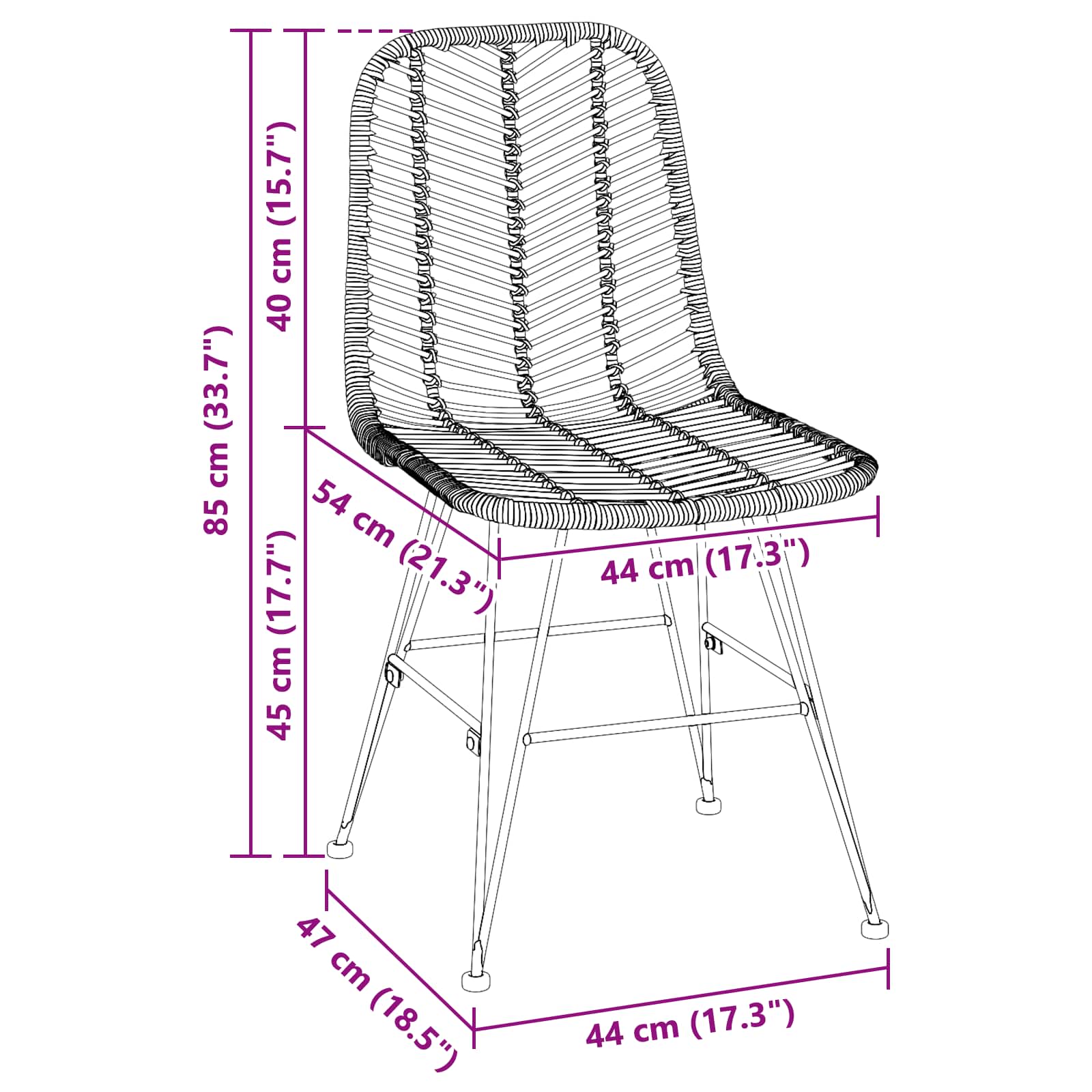 vidaXL Esszimmerstuhl 2 pcs Natur 44 x 47 x 85 cm Rattan und Eisen