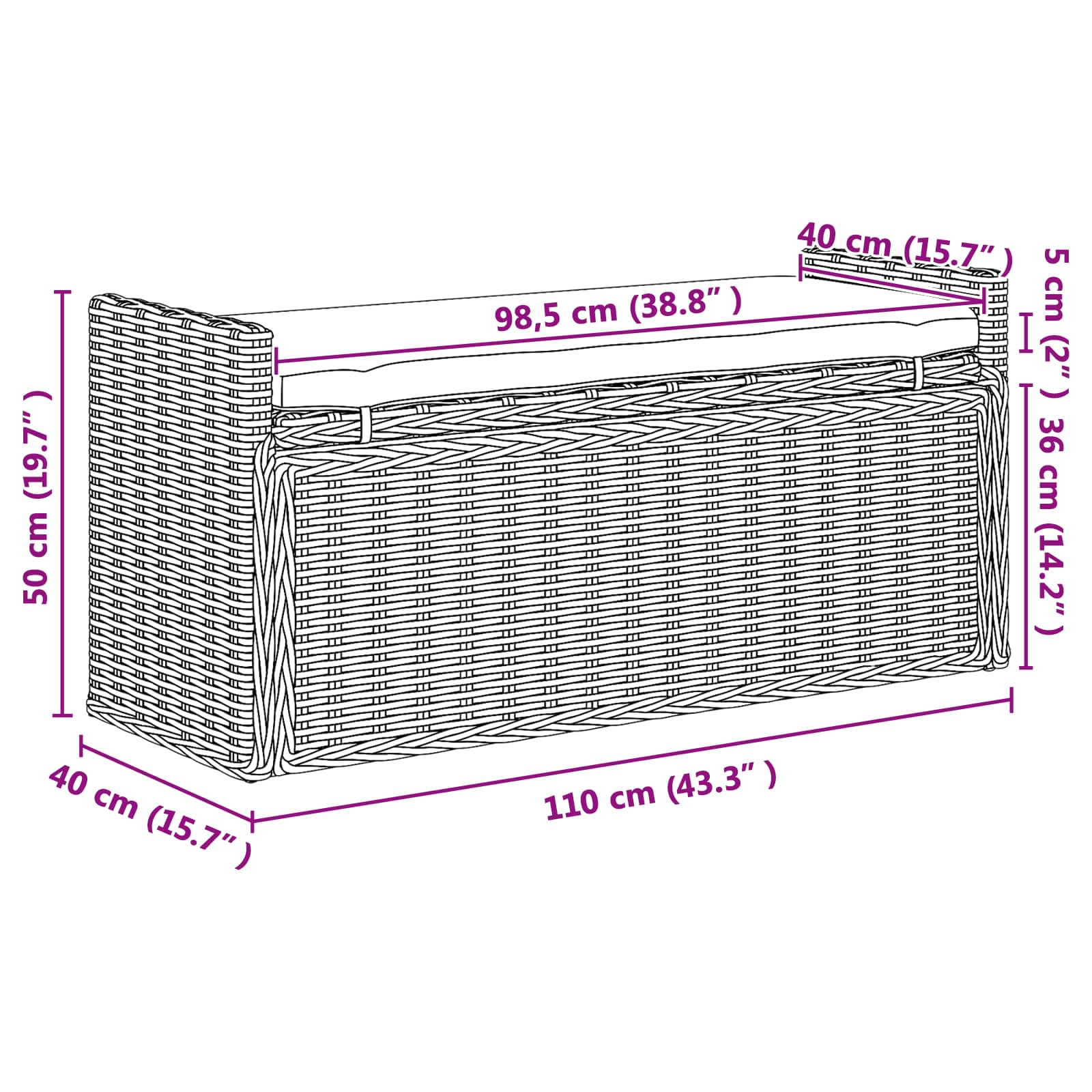 vidaXL Sitzbank mit Stauraum Weiß gewaschen 110 x 40 x 50 cm Rattan
