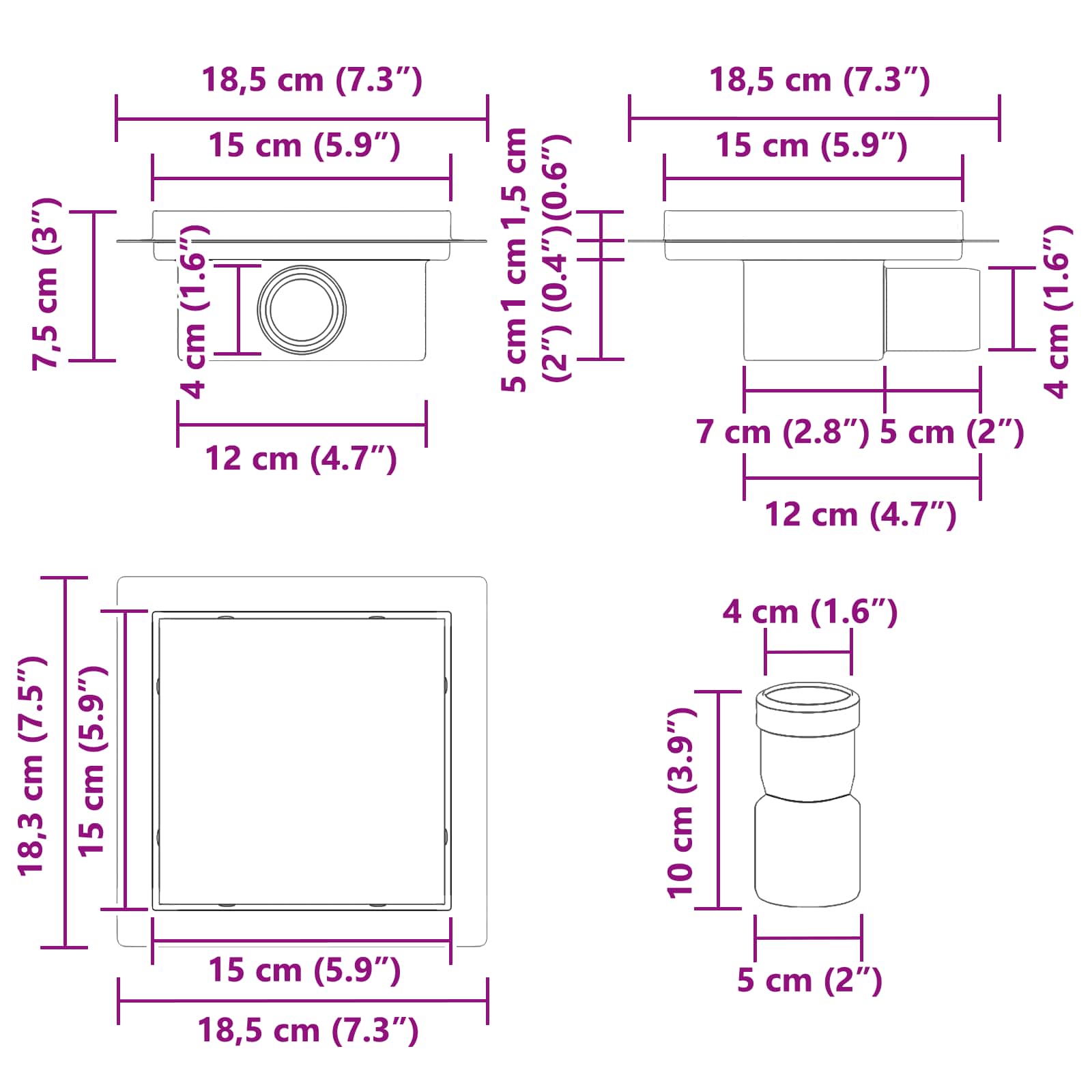 vidaXL 2 in 1 Duschabfluss Silber 15 x 15 cm Edelstahl 304