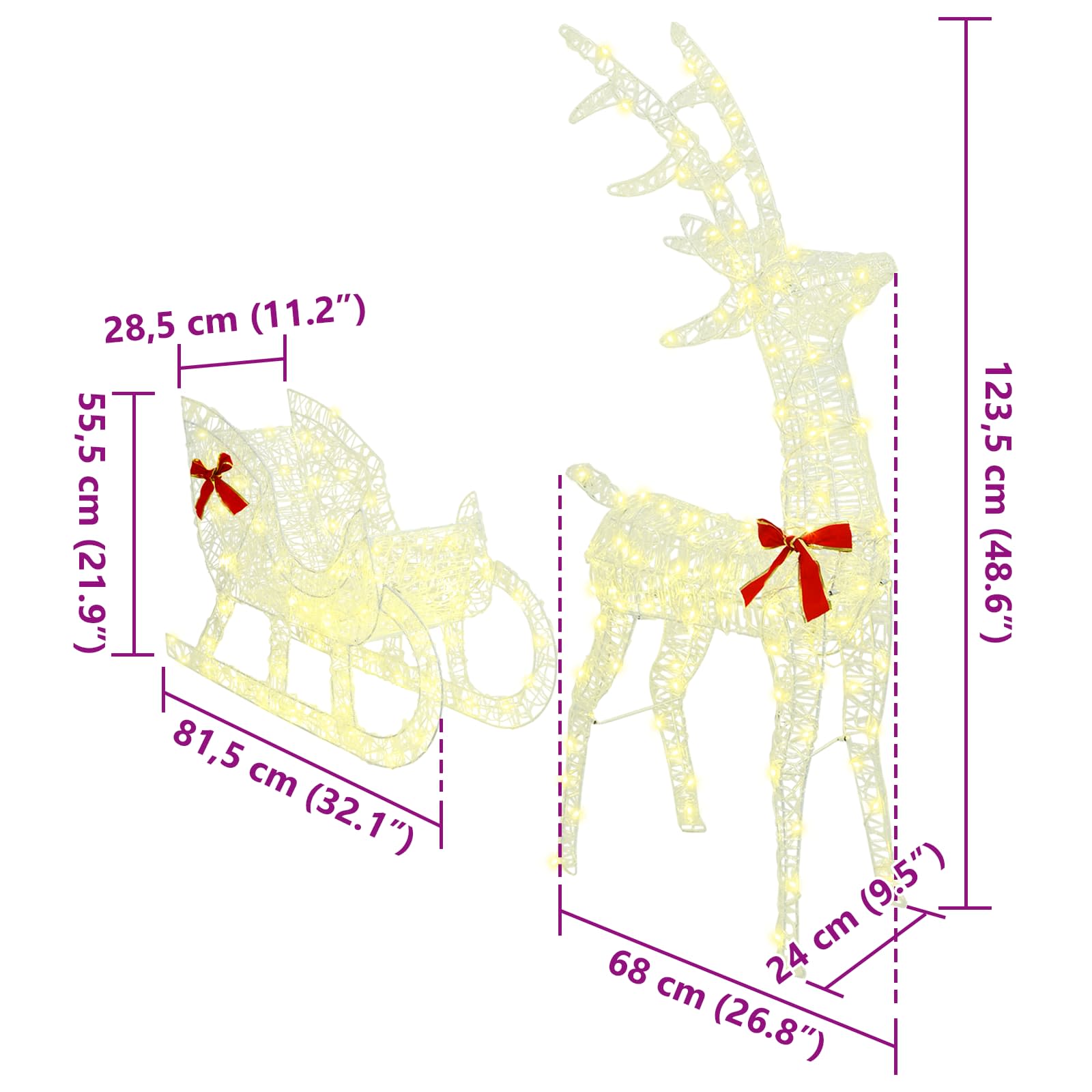 vidaXL Rentier Zieh Schlitten Warmweiß 70 x 26 x 130 cm Acryl