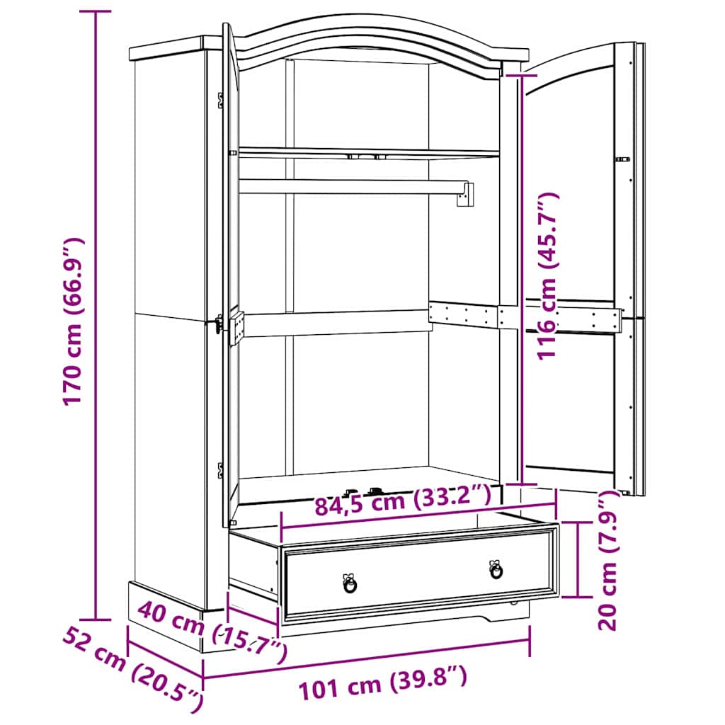 vidaXL Kleiderschrank Weiß 101 x 52 x 170 cm Massives Kiefernholz
