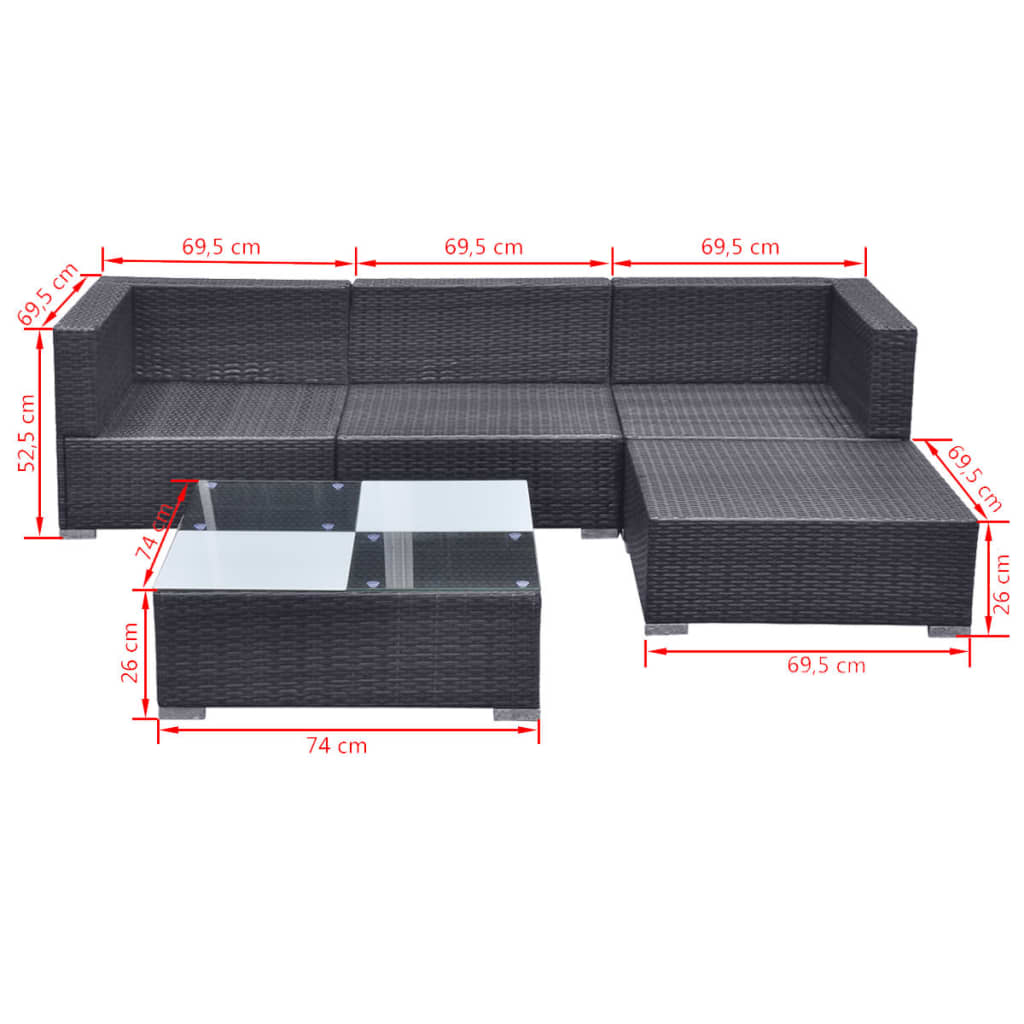 vidaXL 5-tlg. Garten-Lounge-Set mit Kissen Poly Rattan Schwarz
