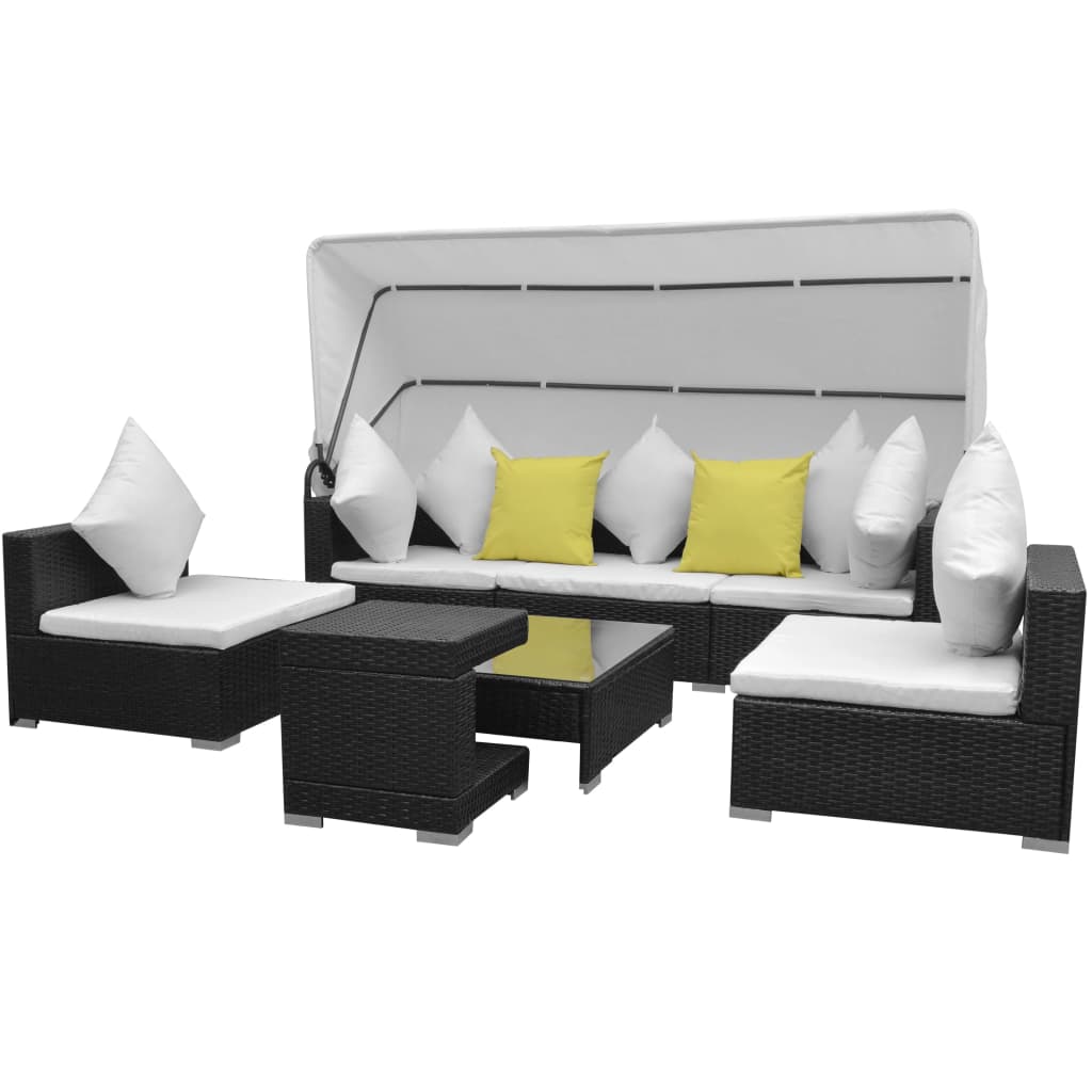 vidaXL 7-tlg. Garten-Lounge-Set mit Sonnendach Poly Rattan Schwarz