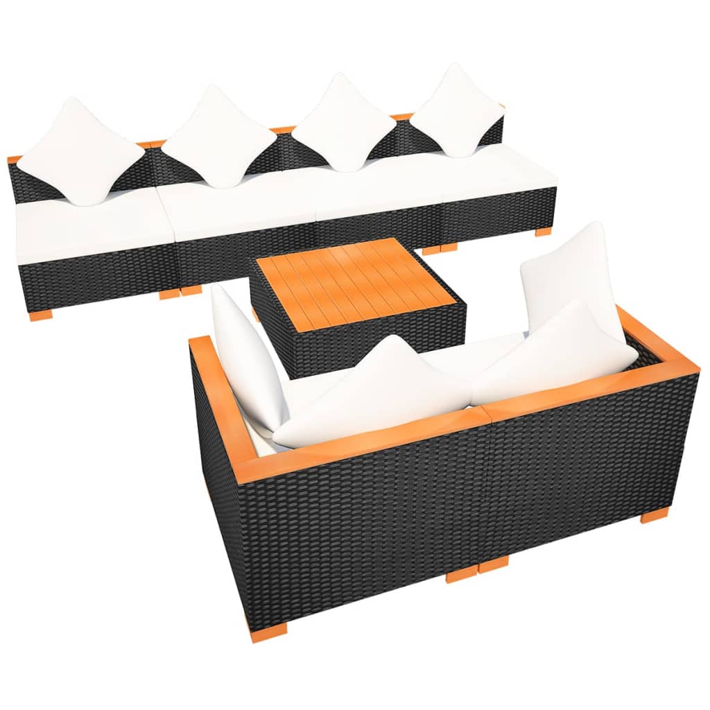 vidaXL 7-tlg. Garten-Lounge-Set mit Auflagen Poly Rattan Schwarz