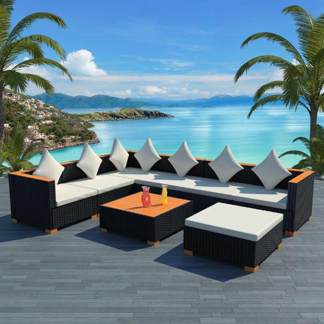 vidaXL 7-tlg. Garten-Lounge-Set mit Auflagen Poly Rattan Schwarz