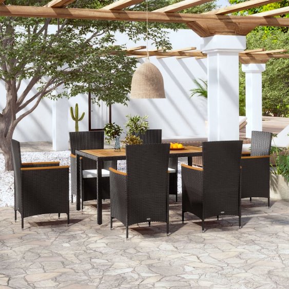 3-tlg. Garten-Essgruppe mit Auflagen Poly Rattan Schwarz