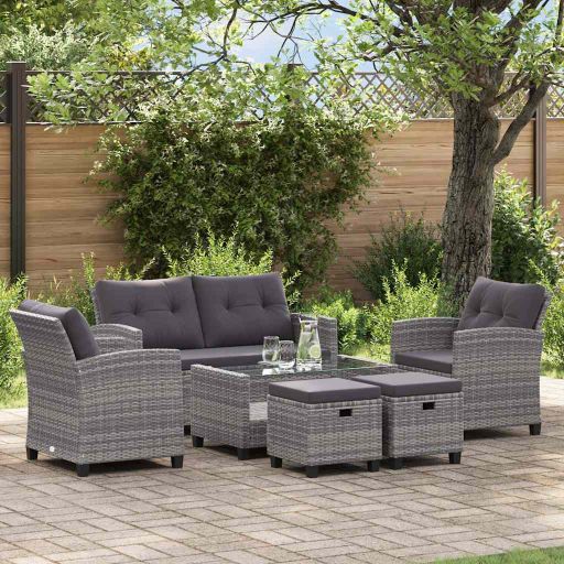 vidaXL 6-tlg. Garten-Sofagarnitur mit Auflagen Poly Rattan Dunkelgrau