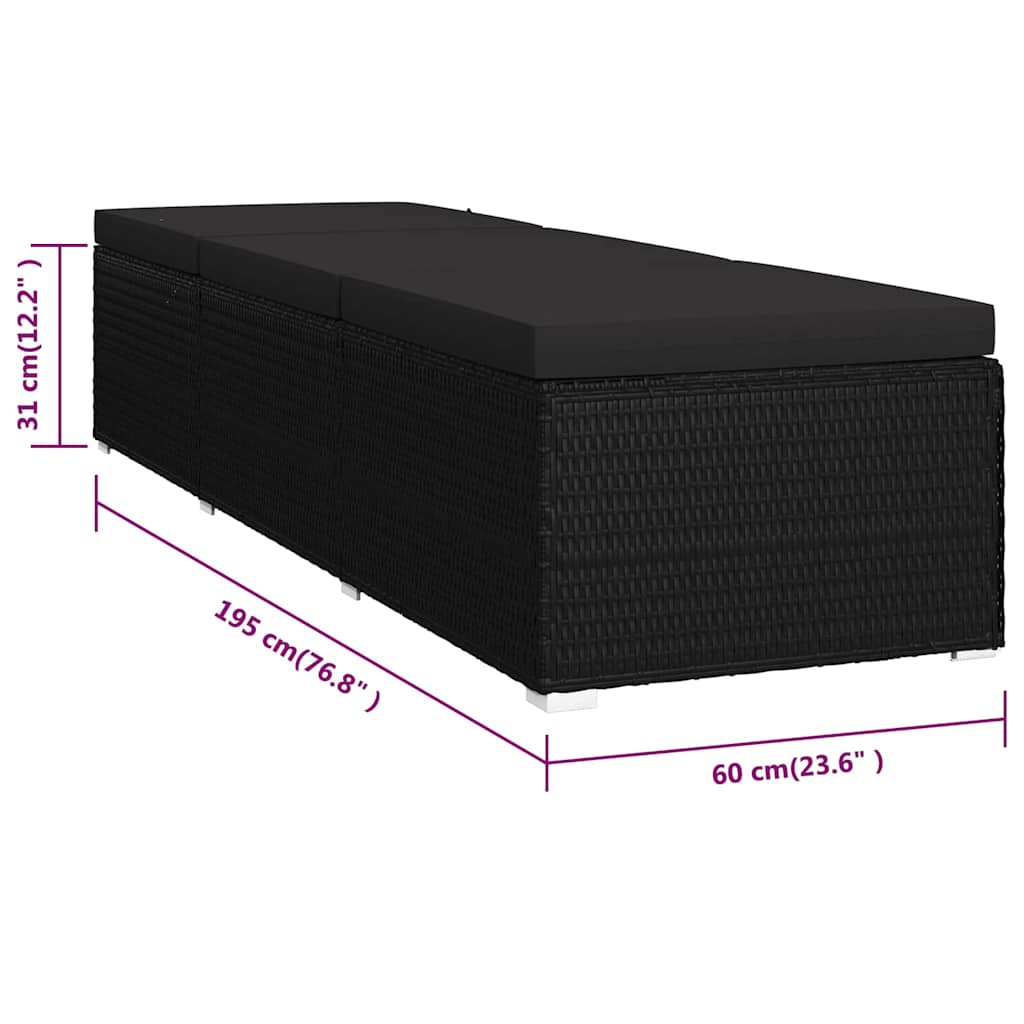 vidaXL Garten Sonnenliegen mit Kissen 3 pcs Schwarz Poly Rattan