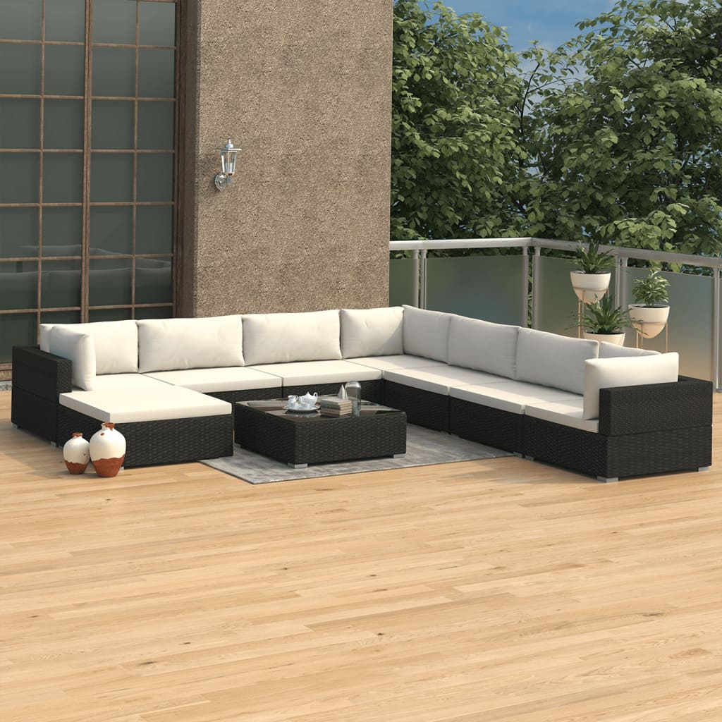 vidaXL 9-tlg. Garten-Lounge-Set mit Auflagen Poly Rattan Schwarz