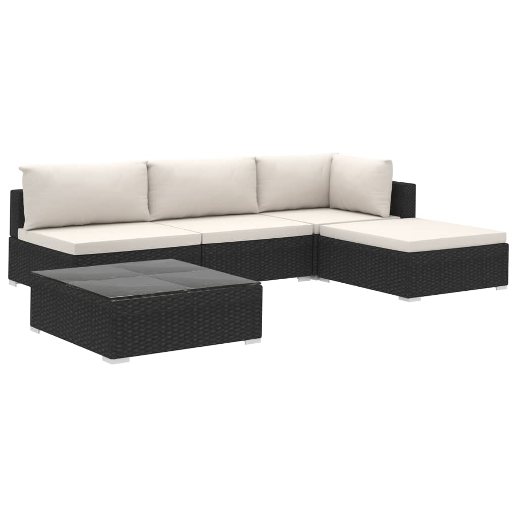 vidaXL 5-tlg. Garten-Lounge-Set mit Auflagen Poly Rattan Schwarz