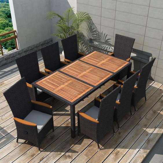 vidaXL 7-tlg. Garten-Essgruppe Poly Rattan Akazienholz Schwarz