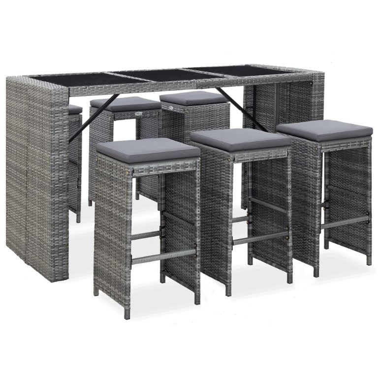 vidaXL 7-tlg. Gartenbar-Set mit Auflagen Poly Rattan Braun